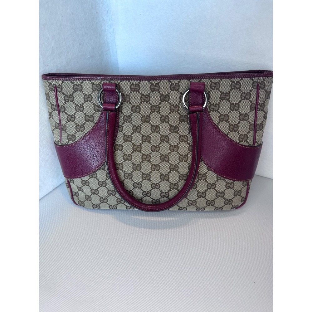 Gucci GG Canvas Tote Bag Burgundy Leather Trim Monogram Handbag 1130112684